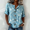 thumbnail image 2 of Oversized Tshirts for Women 3/4 Sleeve Top Print Blouse V Neck Button Down Short Sleeve Casual Loose Fit Blue Summer Tops for Women, 2 of 6