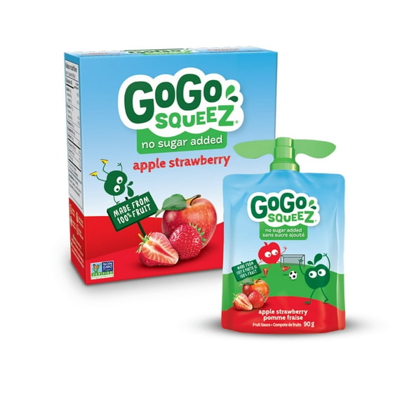 Compote de fruits GoGo squeeZ, pomme fraise, sans sucre ajouté. 90 g par gourde, emballage de 4 4 gourdes x 90 g (360 g)