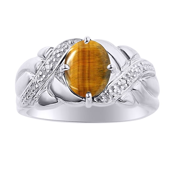 Diamond & Tiger Eye Ring Set In 14K White Gold - Color Stone Birthstone Ring