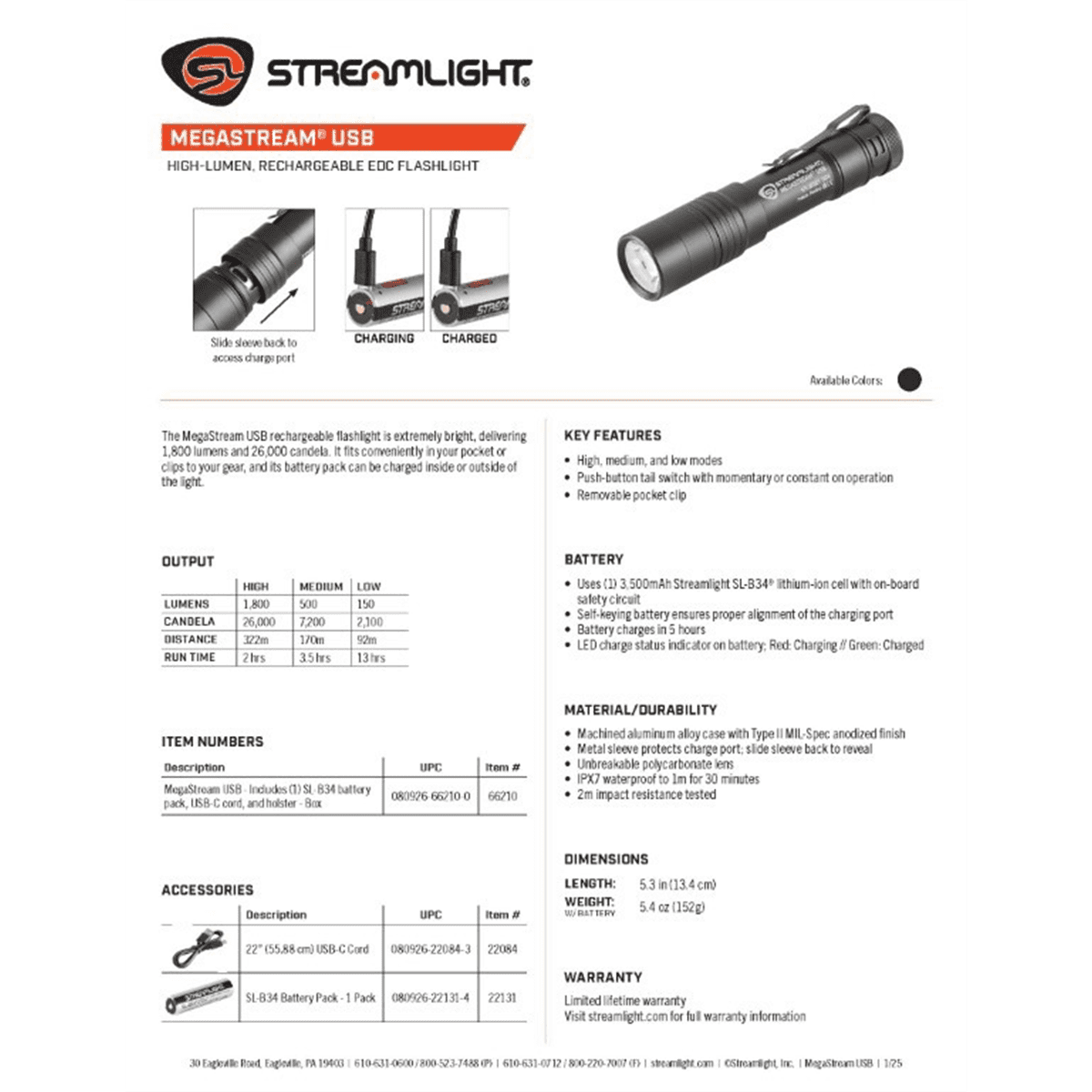Streamlight 66210 Megastream USB Rechargeable Flashlight 1800 Lumens SL B34