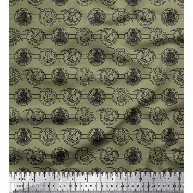 Soimoi Rayon Fabric Bird,Fish & Ship Ocean Printed Craft Fabric by The Yard 56 Inch Wide