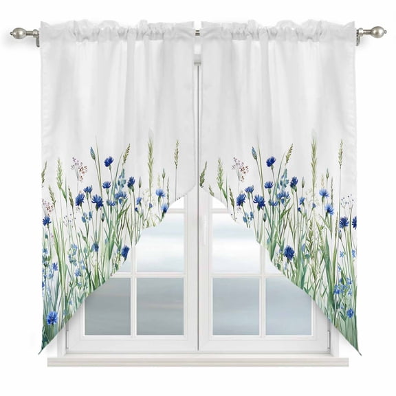 Swag Valance Curtains for Windows, Navy Blue Wildflowers Light Filtering Kitchen Curtains with Rod Pocket, Spring Pastoral Botanical Floral Window Treatment Valances for Living Room, 36x63 - 2 PCS