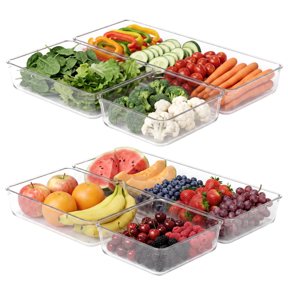 6 Pack Clear Pantry Organizers Bins, 3 sizes Kitchen Stackable Plastic Storage Containers for Refrigerator, Fridge, Freezer, Desk Drawer Organization Tray for Makeup, Bathroom, Cabinet, Vanity