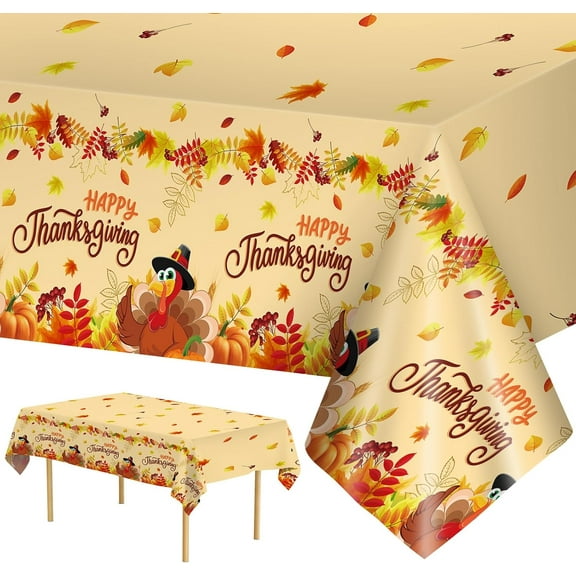 2 Pack Happy Thanksgiving Tablecloth - Fall Thanksgiving Turkey Table cloths, Disposable Plastic Rectangle Autumn Pumpkin Maple Leaf Table Cover for Thanks Giving Tables Decor Party Supplies,108x54In