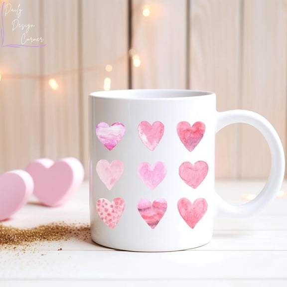 Watercolor Hearoffee Mug, VaL1entine’s Day Heart Mug, Gift for VaL1entines Day, Love Coffee Mug, Vday Gift for Her, Cute Heart Pattern Mug