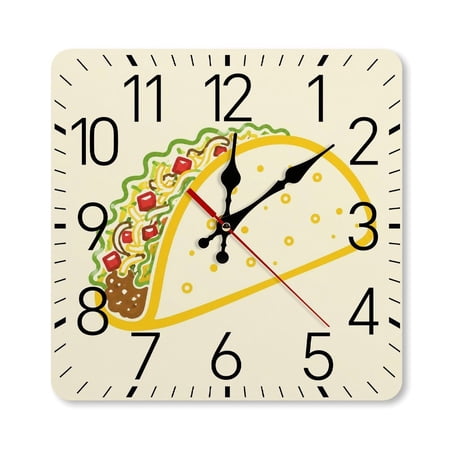 RKSupls 10×10inch Square Silent Wall Clock Wooden Frame, Taco Hand Drawn Scale Decorative Clock for Home Bedroom Living Room Office