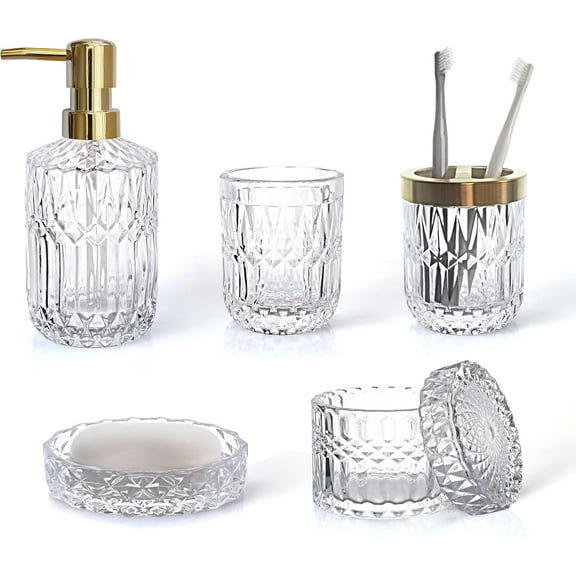 Ahot Glass Bathroom Accessories Set, 5pcs Crystal Clear Bathroom Accessories, Toothbrush Holder Set, Lotion Dispenser, Soap Dish, Tumbler, Qtips Holder, Vintage Bathroom Decor