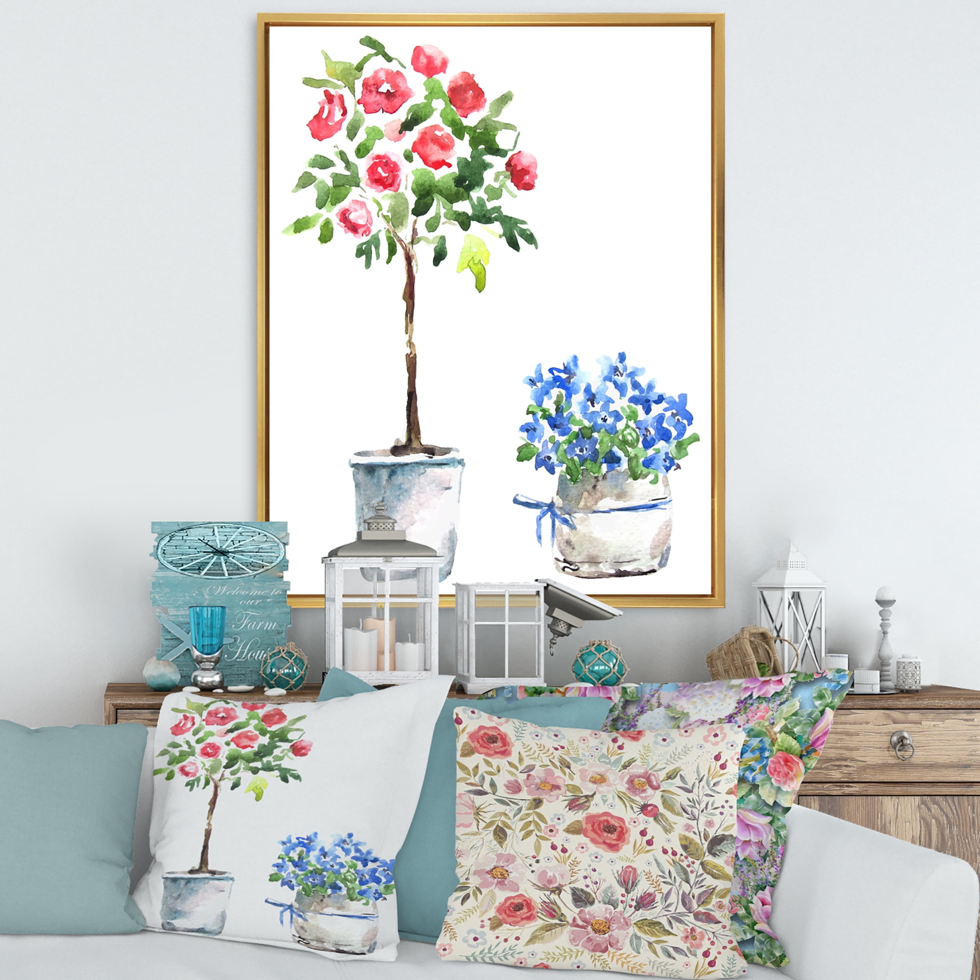 Designart 'Red and Blue Houseplants' Traditional Framed Canvas Wall Art Print
