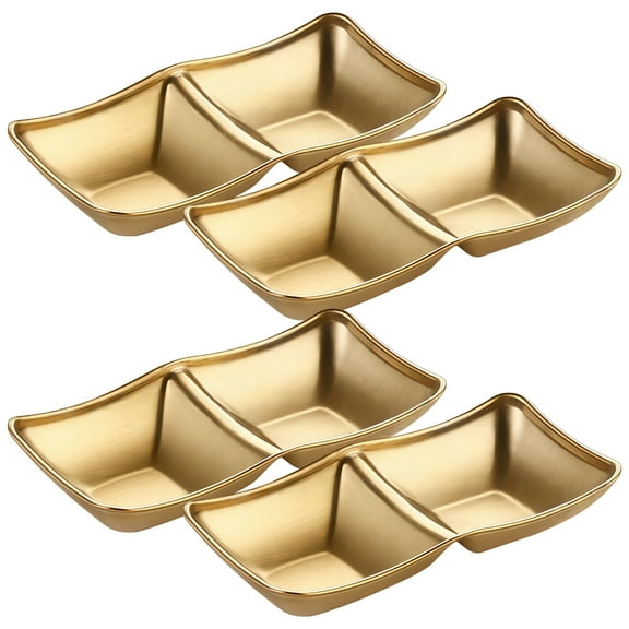 4 PCS Golden Sauce Dishes, 2-Compartment Stainless Steel Dipping Bowls for Condiments, Appetizers, Side Dishes, Metal Sauce Dish Set for Kitchen, Restaurant, Sushi, BBQ Use