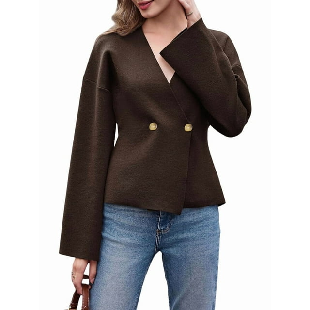 Womens V Neck Cardigan Long Bell Sleeve Button Down Open Front Loose Knit Fall Sweater Blazer Coffee M