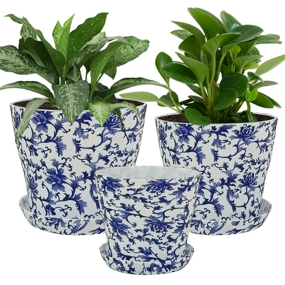 Printed Plant Pots Diam 4.7/5.4/6.5inch, Set of 3 Modern Decorative Plastic Planters with Drainage Holes and Saucers, Flower Pots for Indoor Outdoor Plants