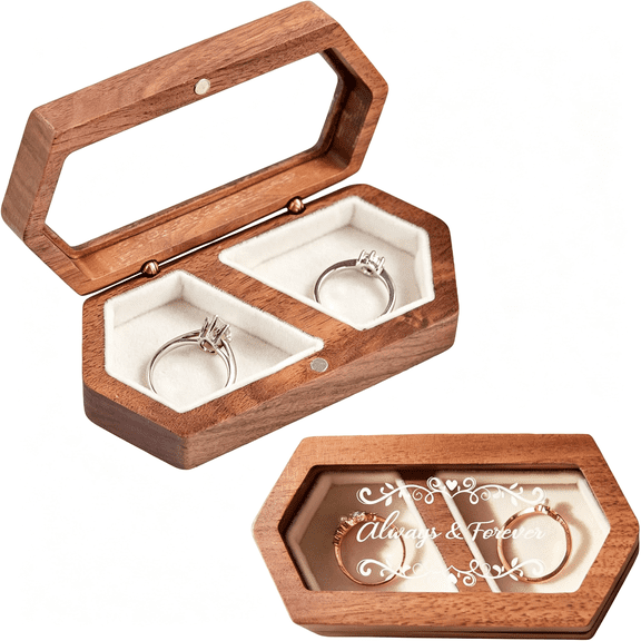 SELIVO Always & Forever Wedding Ring Box Wooden Transparent Lid Rings Box for Engagement Wedding Proposal Ceremony Engagement Ring Box-White