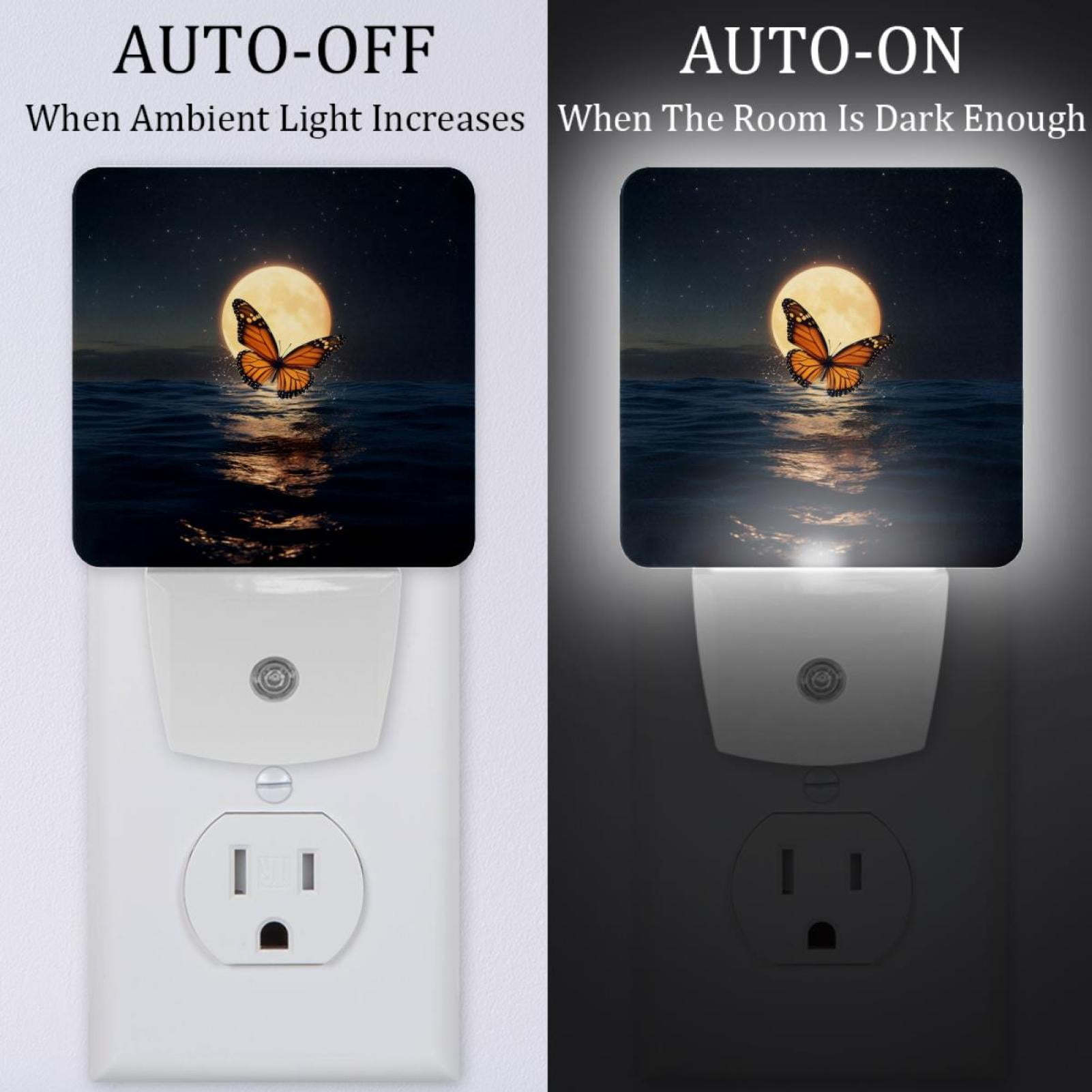 PhooArto Moonlit Butterfly Full Moon Plug in LED Night Light Auto Sensor Dusk to Dawn Decorative Night for Bedroom, Bathroom, Kitchen, Hallway, Stairs, Baby's Room, Energy Saving
