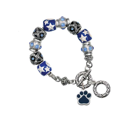 Silvertone Large Navy Blue Paw Blue Moon Bead Charm Bracelet