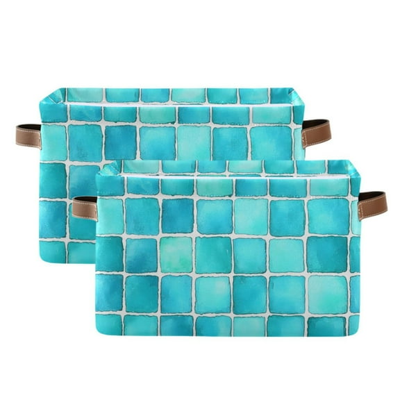 Ryvnso Turquoise Checkered Storage Basket Large Bin Foldable Boxes Toys Organizer 14.2x10.2x8.3in 2 PCs