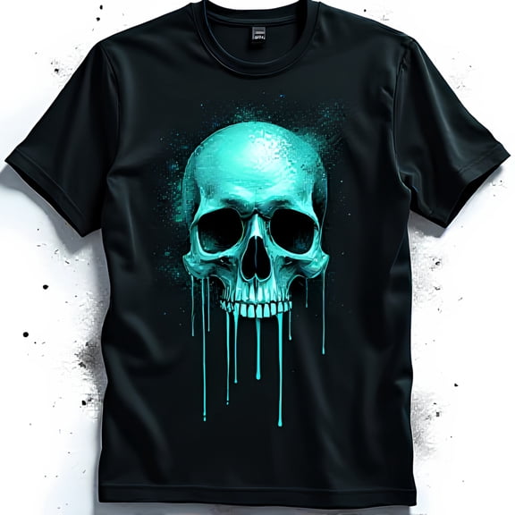 Edgy Black T-Shirt with Teal Graphic & Dripping Design
