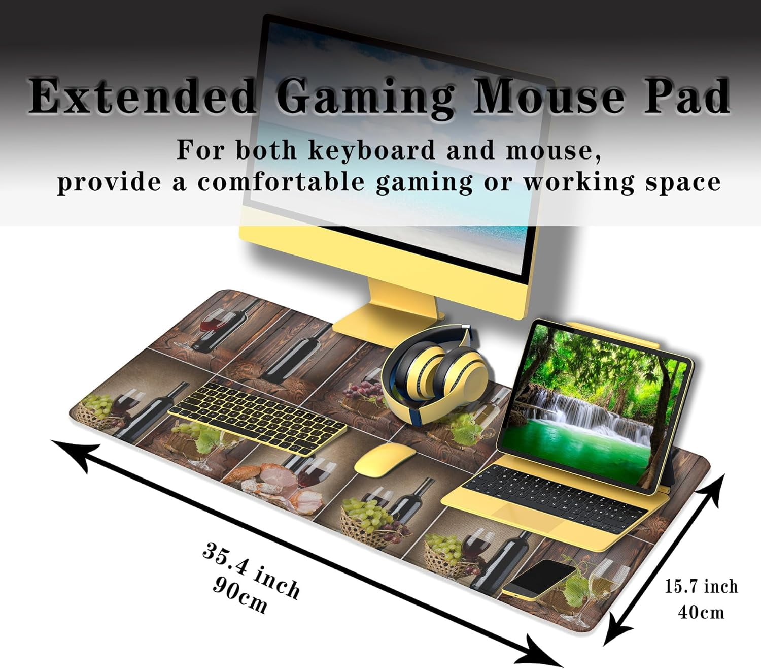 Gaming Mouse Mat for Men, Keyboard Big Mouse Pads Long Deskpad, Large Mouse Mat Non-Slip Rubber Base Waterproof with Stitched Edges, 35.4" X 15.7" for Work/Game/Office Wine Collage