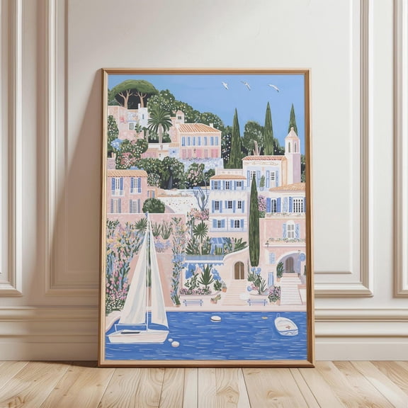 French Riviera Sailing Print, Mediterranean Coastal Villa Art, Unframed Paper Poster 8x10in