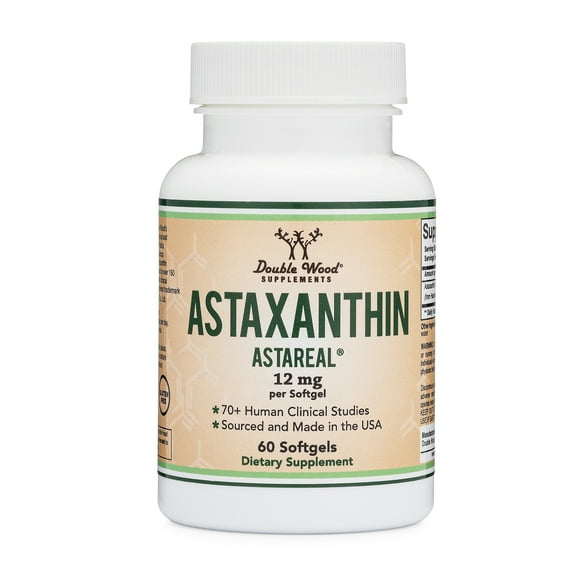 Astaxanthin 12mg Max Strength (AstaReal: Natural Patented Astaxanthin with 70+ Human Clinical Trials - World's Most Studied Brand) Grown, Harvested, and Made in The USA by Double Wood Supplements