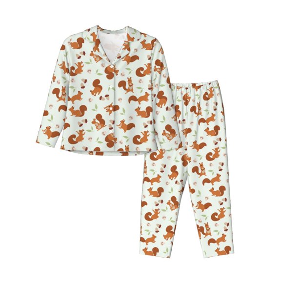 Rateoe Squirrel Playing Pattern Womens Pajamas Set Long Sleeve Sleepwear Button Down Nightwear Soft Cotton Pj Lounge Sets