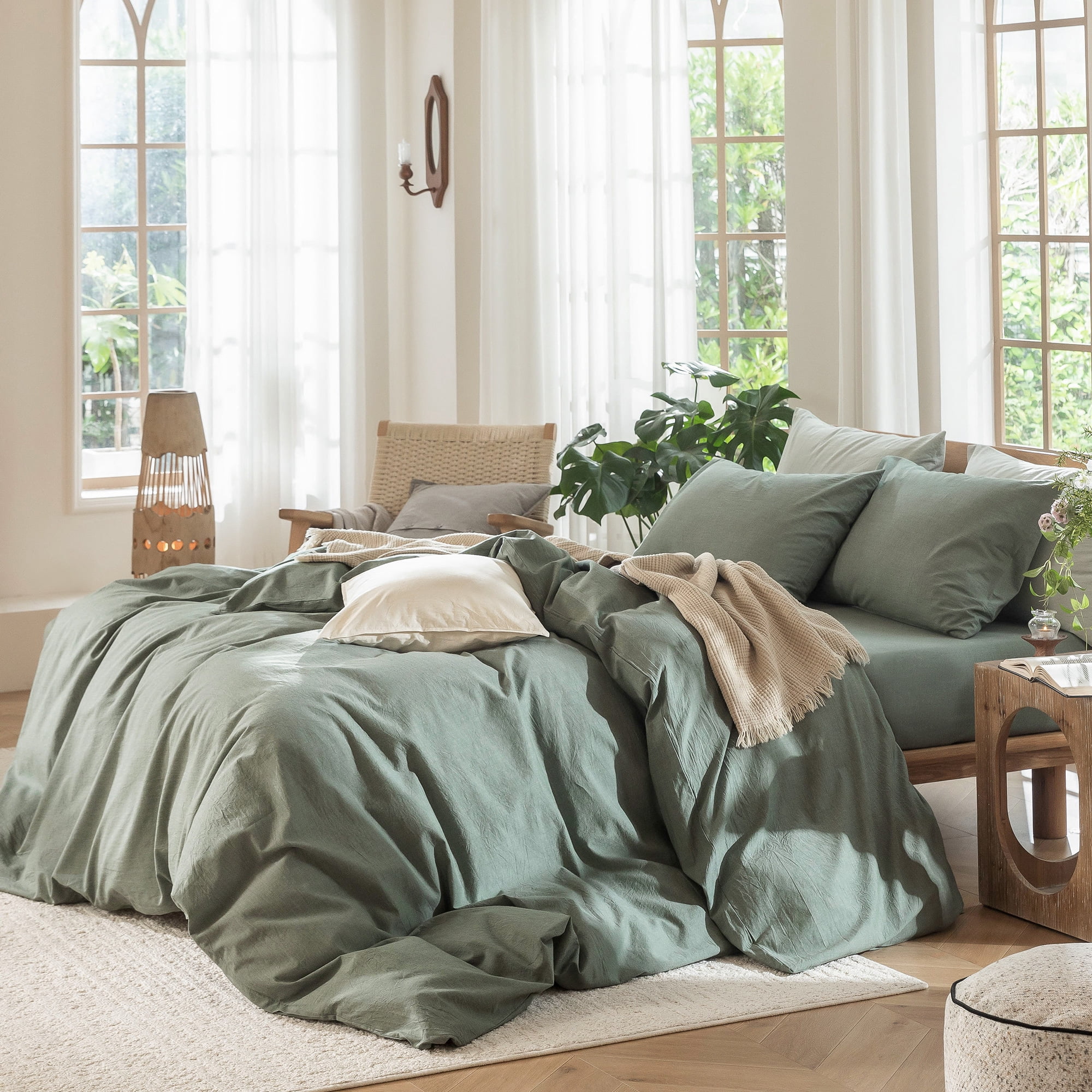 MooMee 100% Washed Cotton Duvet Cover Set King Linen Like Textured Breathable 3-Piece (Heathered Green, 104" x 90")