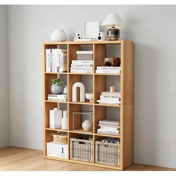 12 Cube Storage Organizer, Wooden Cube Shelf Bookcase with Reinforced Thick Shelves, Heavy-Duty 36.93" L x 9.37" W x 48.82" H, for Living Room, Bedroom, Home Office, Natural Oak