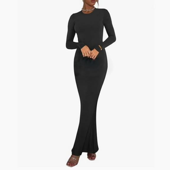 Womens Dresses Ladies Winter Warm Solid Color Elegant Fashion Style Temperament Long Sleeved Round Neck Modest Long Skirt Wrap Dress for Wedding Black XS-XL