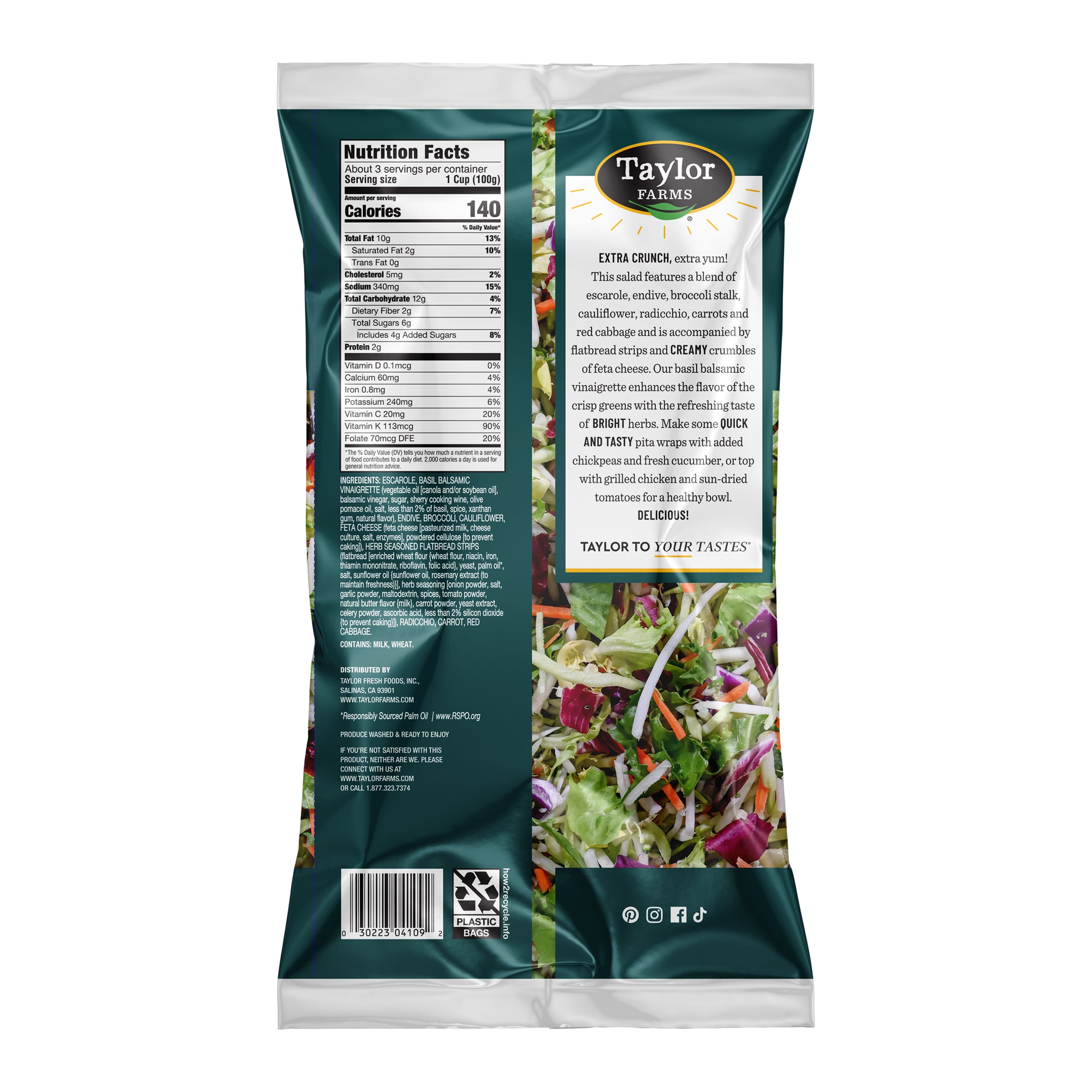 Taylor Farms Mediterranean Crunch Chopped Salad Kit, 10.89 oz Bag, Fresh, Vegetarian, Soybean Free
