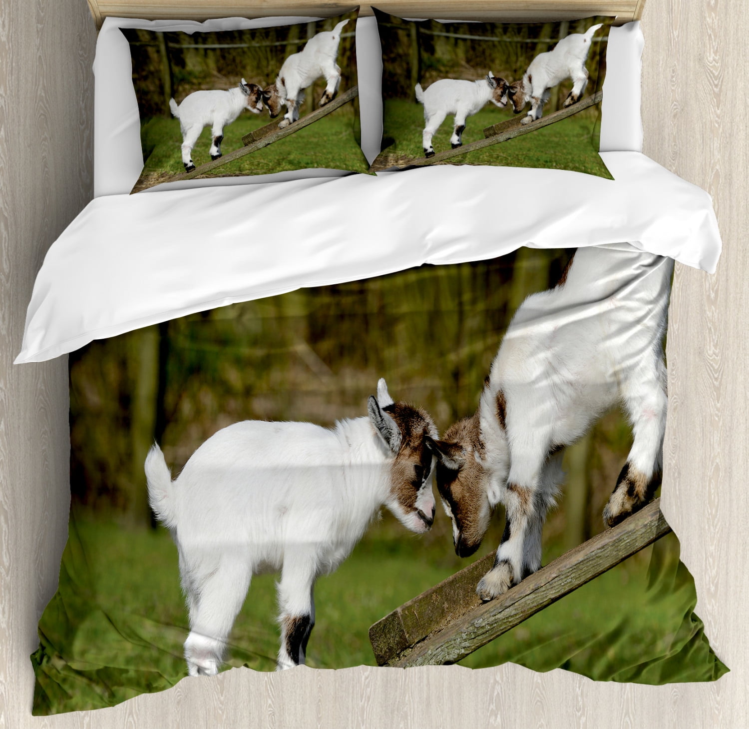 Animal Duvet Cover Set, Two Cute Little Baby Goats on a Bench with