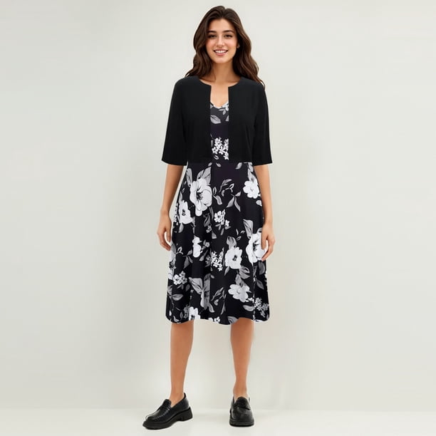 WILLBEST Vestidos Floreados para Mujer Vestido sin Mangas con Estampado Floral y Top de Manga Corta para Mujer Conjunto Informal de Dos Piezas de Corte Regular de Verano 不定位印花 Chica