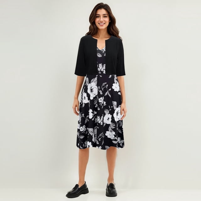 WILLBEST Robes en Jean pour Femmes Sans Manches Imprimé Floral Robe Débardeur et Haut à Manches Courtes Coupe Régulière Ensemble Deux Pièces