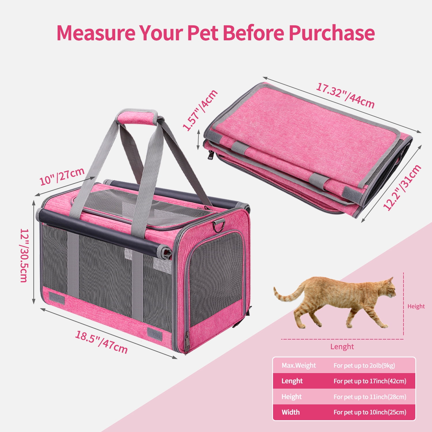 Cshidworld TSA Approved Cat Carrier Collapsible for Cats Dogs up to 20lbs with Water Bowl Pink Walmart