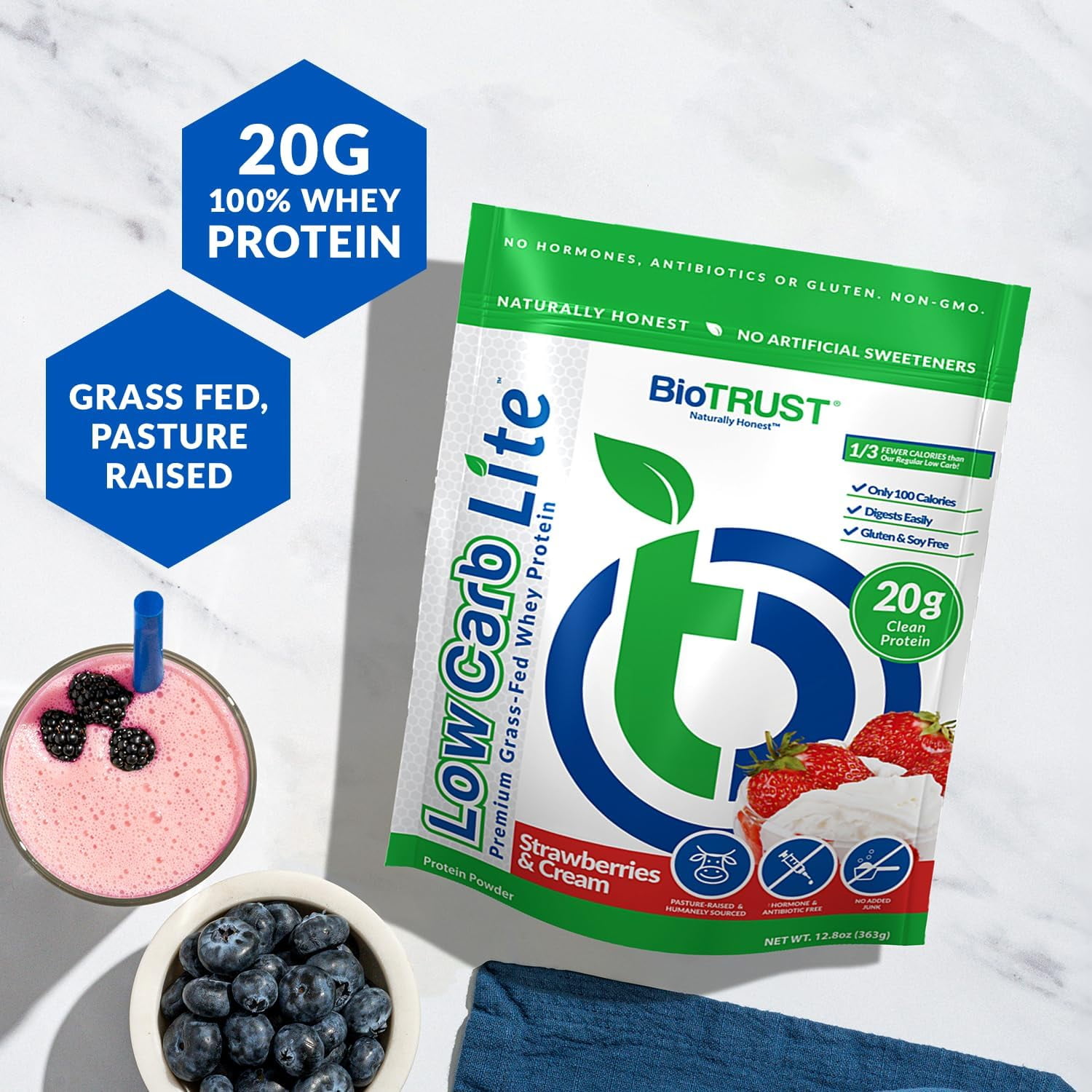 BioTrust Low Carb Lite, 20 Grams of Grass-Fed Whey Protein Isolate, 100 Calories, ProHydrolase Digestive Enzymes, Non-GMO, Free from Soy and Gluten, rBGH-Free (14 Servings) (Strawberries and Cream)
