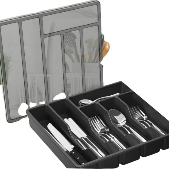 Clearance Sale - Utensil Holder for Countertop with Lid, Plastic Silverware Tray for Drawer And Countertop Plastic Cutlery And Flatware Storage Box For Spoons Forks Knives Tableware Storage