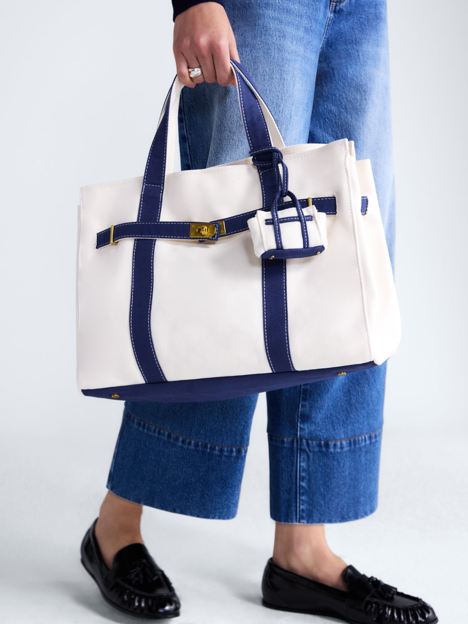 Free Assembly Women's Canvas Tote Handbag with Tote Charm, Natural with Navy