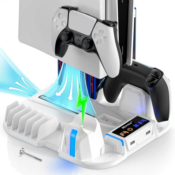 GAEKOL PS5 Slim Cooling Stand with Controller Charging Station for PS5 Slim Console(Digital/Disc), PS5 Slim Accessories Incl. 3 Levels Cooling Fan, 12 Pcs Game Storage for Playsation 5 Slim