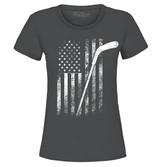 Shop4Ever Women's Distressed Hockey American Flag Patriotic Sports  Graphic T-Shirt Small Charcoal