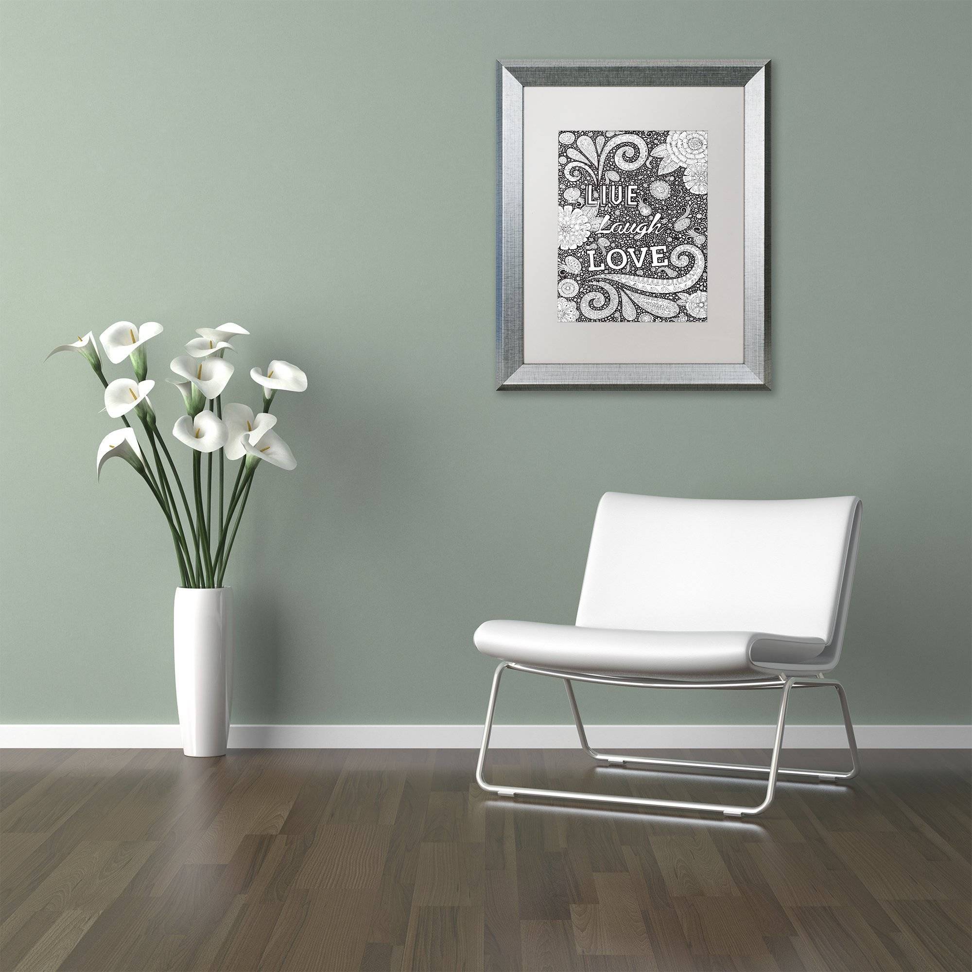 Trademark Fine Art "Live Laugh Love Black" Canvas Art by Hello Angel, White Matte, Silver Frame