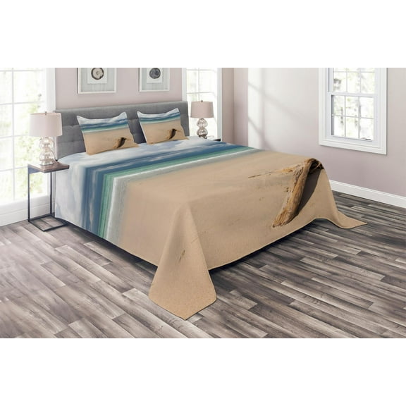 Ambesonne Digital Quilted Coverlet 3 Pcs, Driftwood on the Beach, Queen Size, Sand Brown and Blue