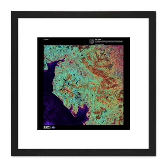 Science Map Satellite Lake District Cumbria UK Reproduction 8X8 Inch Square Wooden Framed Wall Art Print Picture with Mount