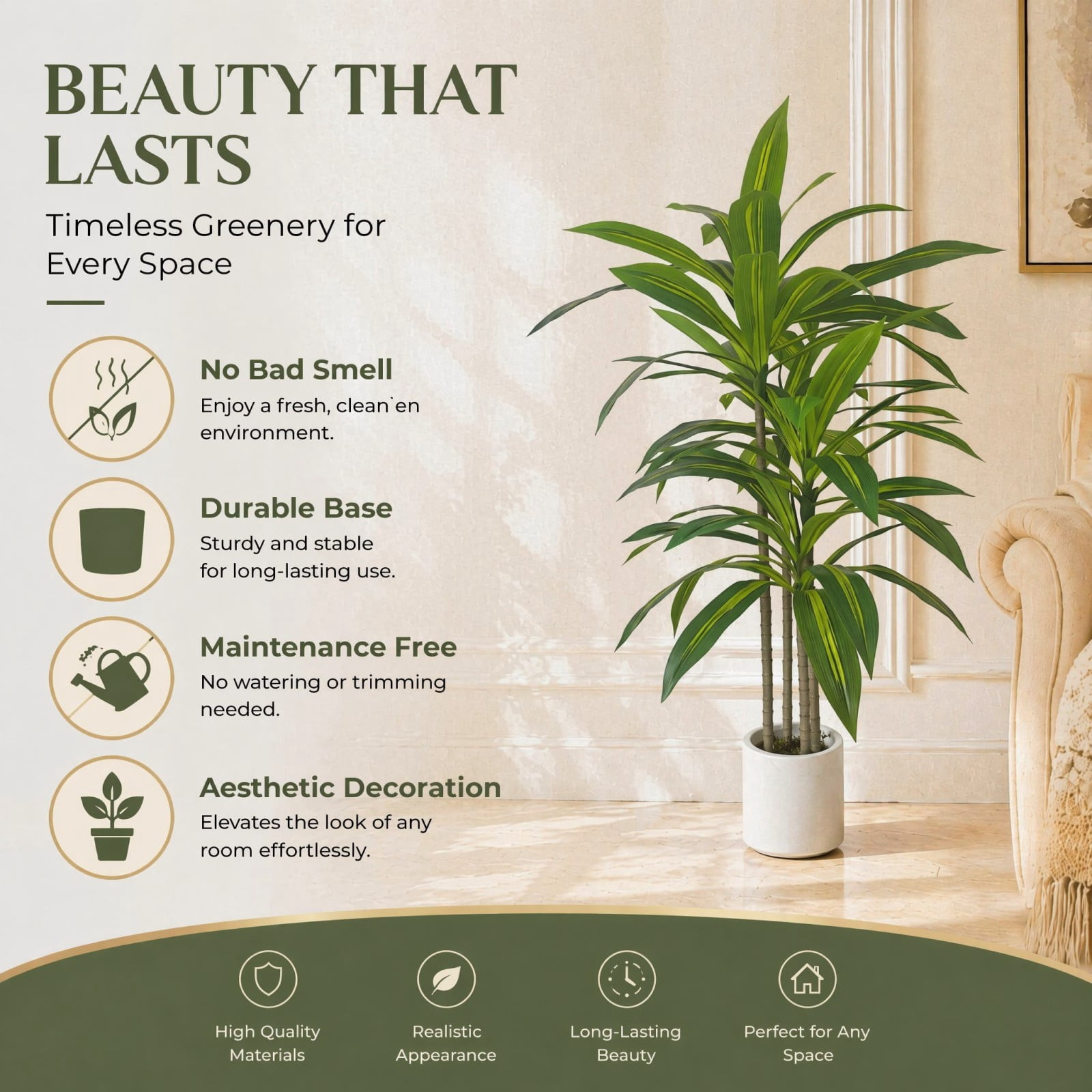 BEAUTYPEAK 4FT Artificial Dracaena Tree Fake Plants for Indoor Outdoor Decor, Upgraded White Pot