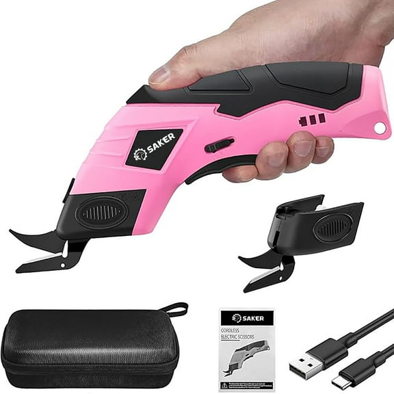 Saker Cordless Electric Scissors, Lightweight, Type-C Charging, Safety Lock, Pink with Storage Bag, 2 Blades for Fabric, Carpet, Leather, Cardboard
