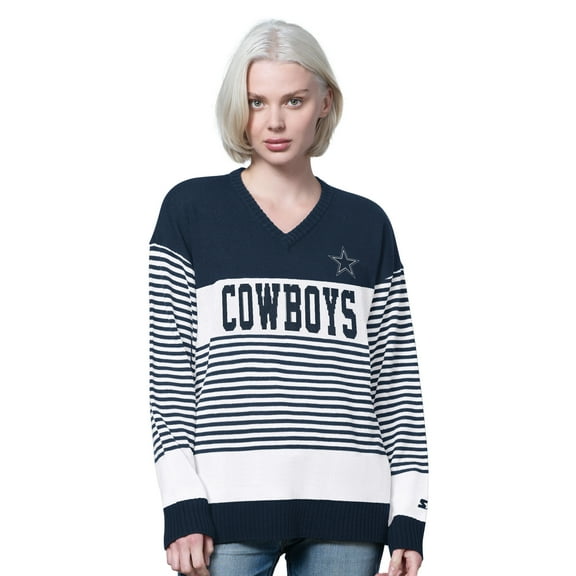 Women's Starter Navy Dallas Cowboys No Huddle Striped V-Neck Sweater