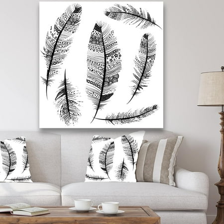 Tribal Art Carving - DESIGN ART Designart 'Vintage Feathers with tribal patterns' Vintage Canvas Art - White
