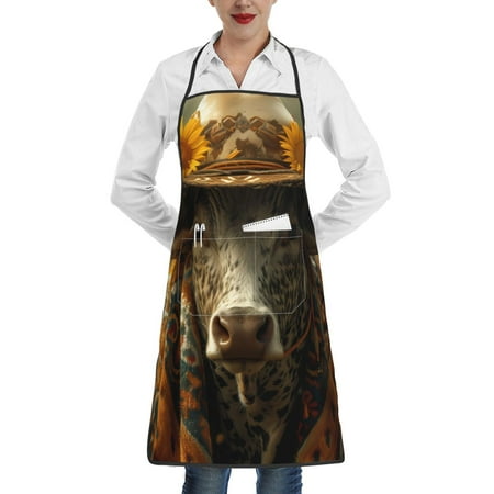

Qekee Sunflower Cowboy Hat Cow Print Adjustable Bib Apron Resistant with Pocket Cooking Kitchen Aprons for Women Men Server Chef Apron