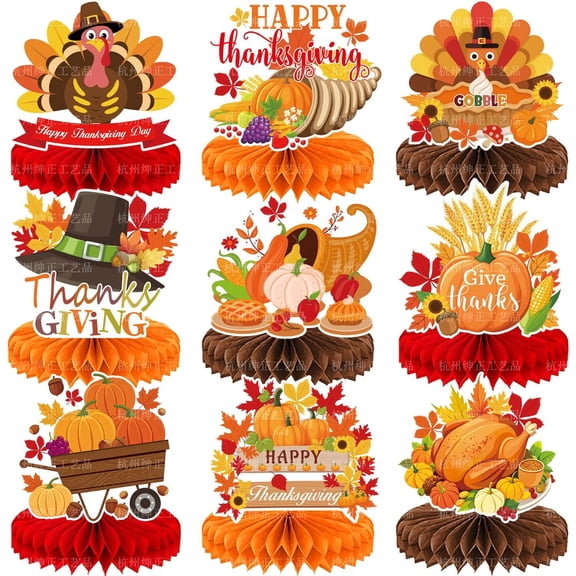 Forfamy Thanksgiving Honeycomb Centerpiece 9Pcs Thanksgiving Party Decorations, Thanksgiving Table Decor 3D Table Toppers Thanksgiving Party Supplies