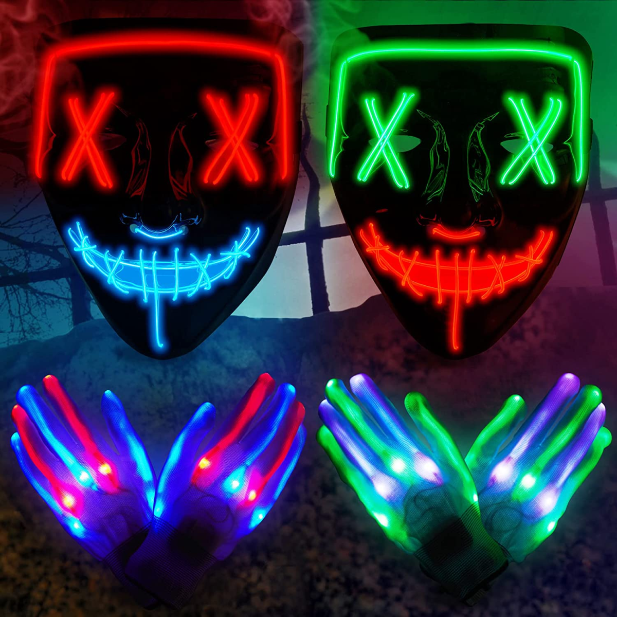 Halloween Led Mask, Skeleton Gloves Set[6PACK], Light Up Scary Mask