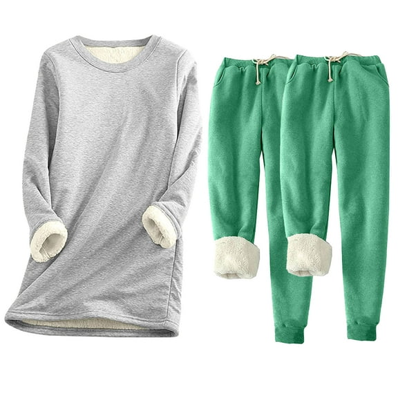 YUGYXL Women's Warm Pajama Sets Plus Size Fleece Lined Long Sleeve Crewneck Sweatshirt Pullover and Pants Loungewear Sets Winter Clothes Gray S
