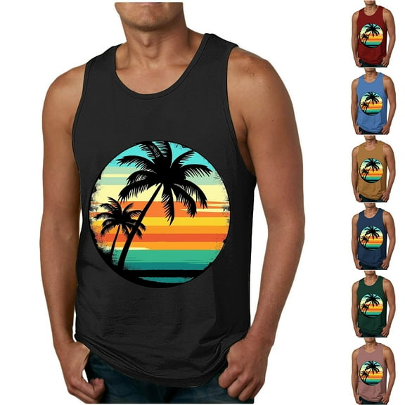 ZRGHAOYLQ Hawaiian Palm Tree Print Tank Tops for Men Summer Sleeveless Workout Tank Top Big and Tall Beach Vacation Shirts Casual Crewneck Tees Limited Time Deal