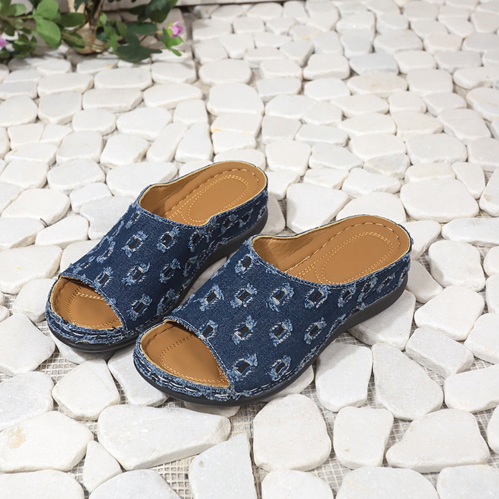 Mostsola Women's Trendy Wedges Open Toe Denim Splic Slides Sandals with Comfort Arch Support
